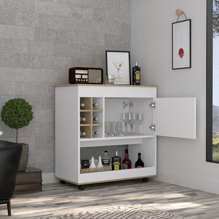 DEPOT E-SHOP Lotus Bar Cart, Six Bottle Cubbies, One Cabinet, Four Casters, Light Oak / White