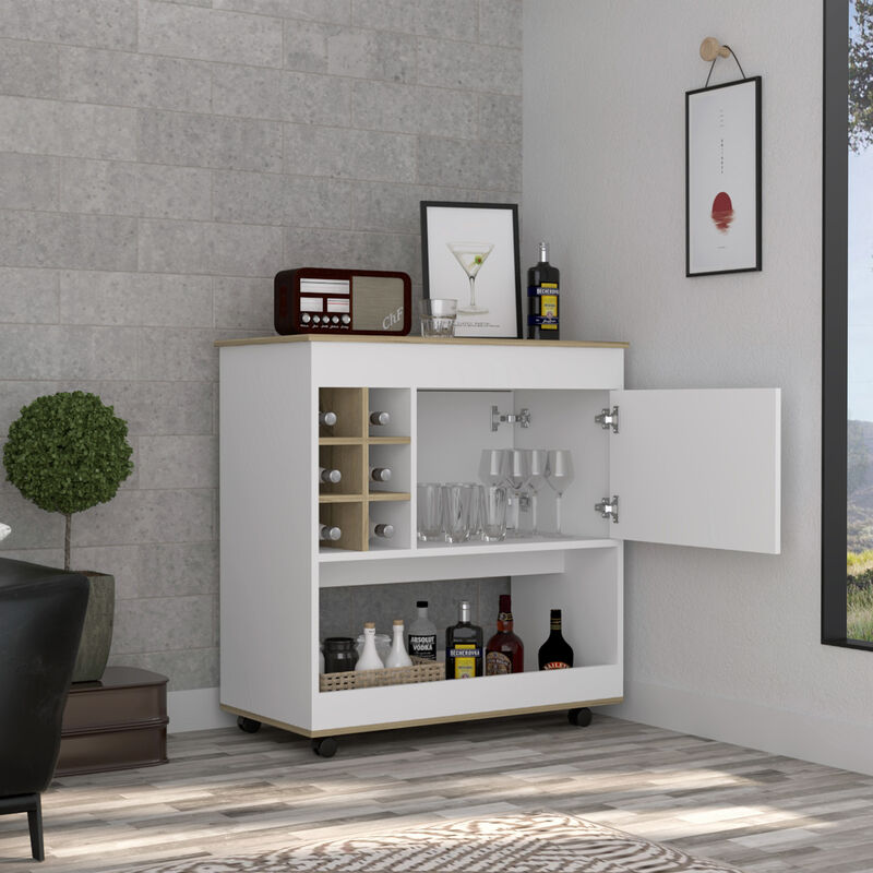 DEPOT E-SHOP Lotus Bar Cart, Six Bottle Cubbies, One Cabinet, Four Casters, Light Oak / White