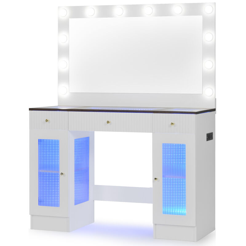 Merax Modern Glass Top Makeup Vanity with Drawers and Power Outlet