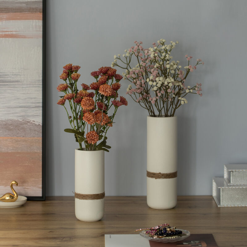 Decorative Modern Ceramic Cylinder Shape Table Vase Flower Holder with Rope, Black Set of 2