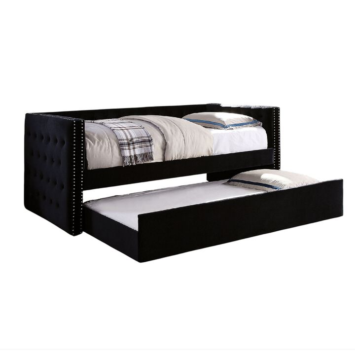Suzo Daybed with Trundle, Black Flannelette Upholstery, Nailhead Trim - Benzara