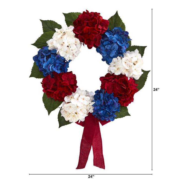 Hivvago 24" Red, White and Blue "Americana" Hydrangea Artificial Wreath