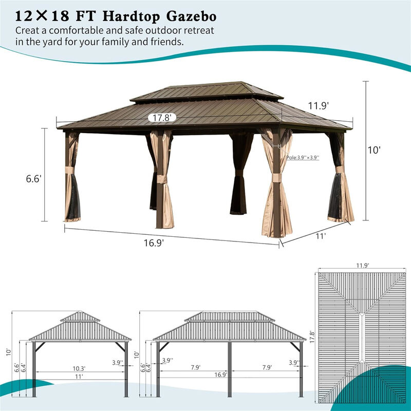 12' X 18' Hardtop Gazebo, Aluminum Metal Gazebo Withnized Steel Double Roof Canopy