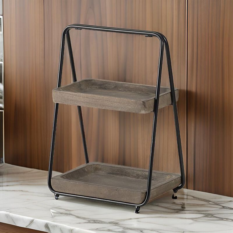 Nick 19 Inch 2 Tier Decorative Tray Stand, Black Iron Frame, Gray Wood - Benzara