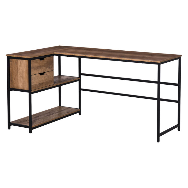L-Shaped Home Office Desk with Storage Shelves & Steel Frame