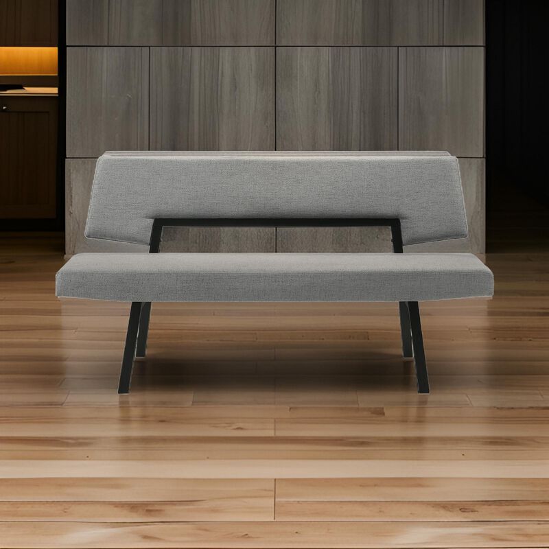 Yumi 63 Inch Dining Bench, Seat and Back with Charcoal Gray Fabric, Black - Benzara