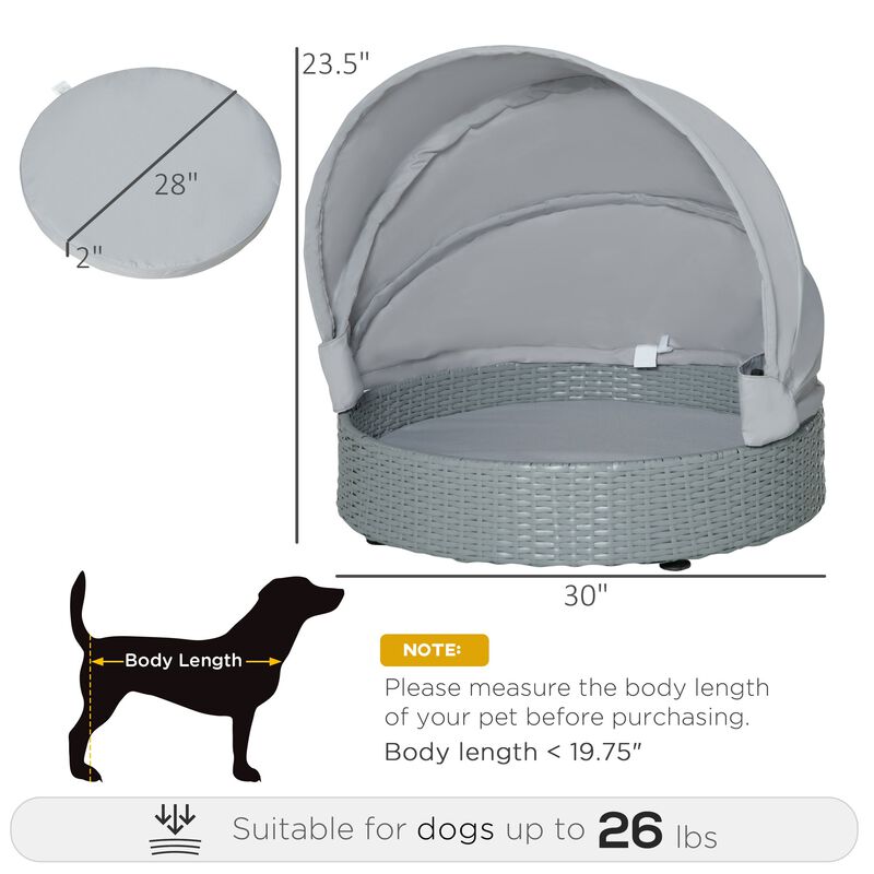 Grey Pet Retreat: Wicker Dog Cave Bed with Canopy for Indoor/Outdoor