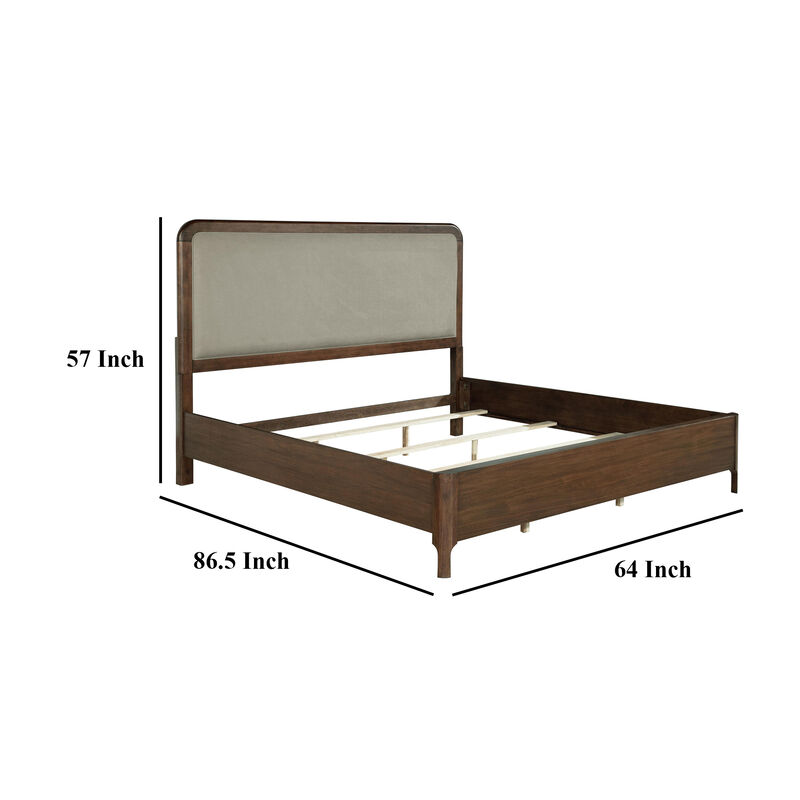 Rie Queen Bed, Taupe Gray Upholstered Headboard, Walnut Brown Wood - Benzara