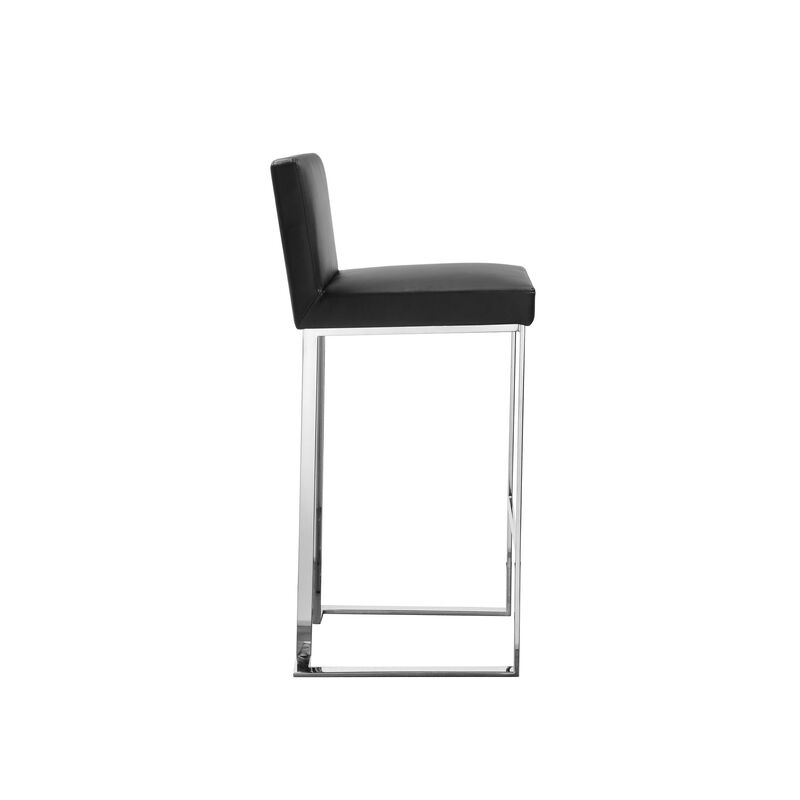 Boly 30 Inch Barstool Chair, Black Faux Leather, Cushions, Chrome Steel - Benzara