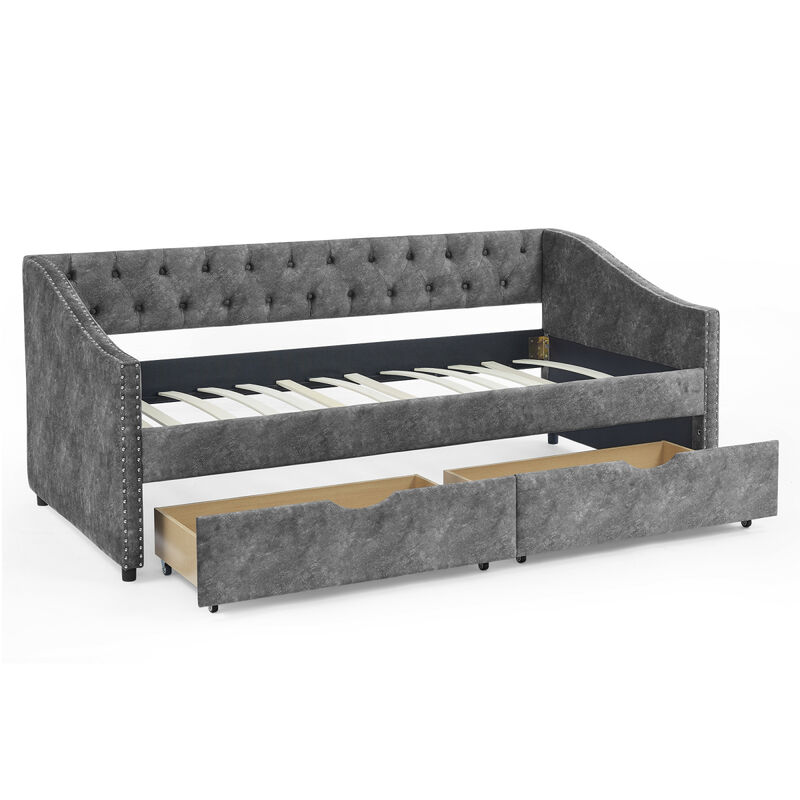 Grey Upholstered Twin Daybed with Drawers & Tufted Sofa