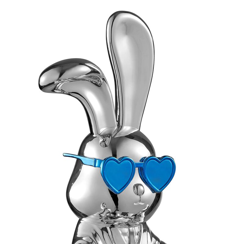 Sitting Rabbit with Tie and Glasses Sculpture Chrome and Blue Resin Handmade