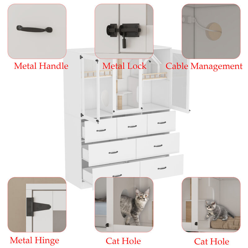 FUFU&GAGA MDF Cat Cabinet with 7 Spacious Drawers, Metal Handles & Lock – Cable Management, Cat Hole, (55" x 19.7" x 70.9"), White