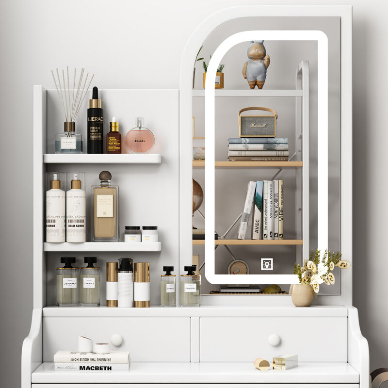 Vanity Desk with Lighted Mirror & Chair, 3 Drawers, Hair Dryer Holder & Adjustable LED Lights
