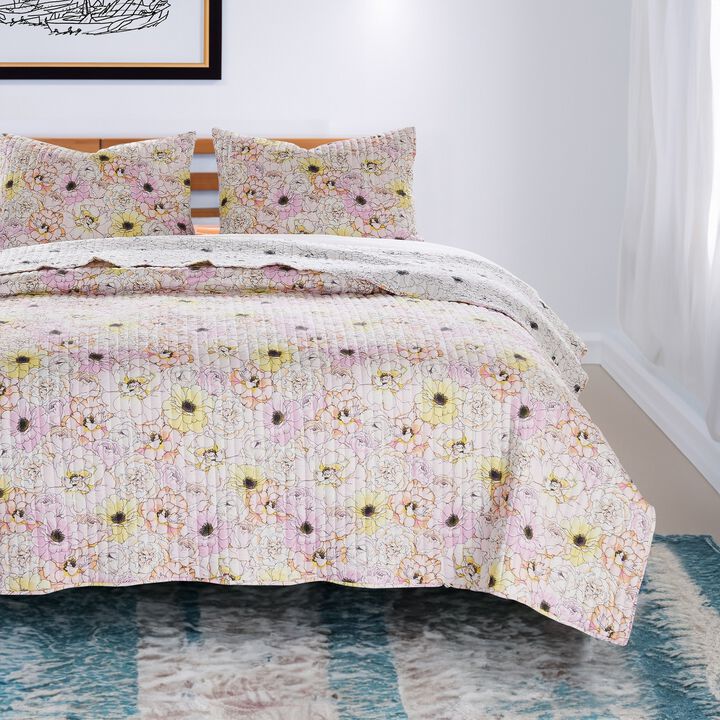Milan 3 Piece Microfiber Blooming Flower Pattern Queen Quilt Set, White and Pink - Benzara