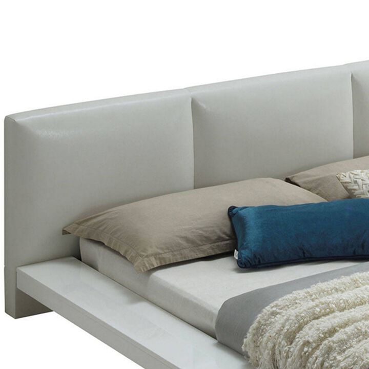 Wooden Queen Size Low Profile Bed with Padded Headboard, White-Benzara