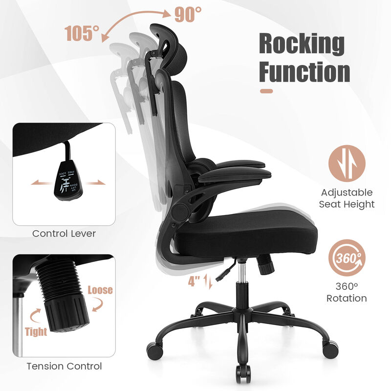 Mesh Office Chair with Adaptive Lumbar Support  Flip-up Armrests  Reclining Backrest-Black