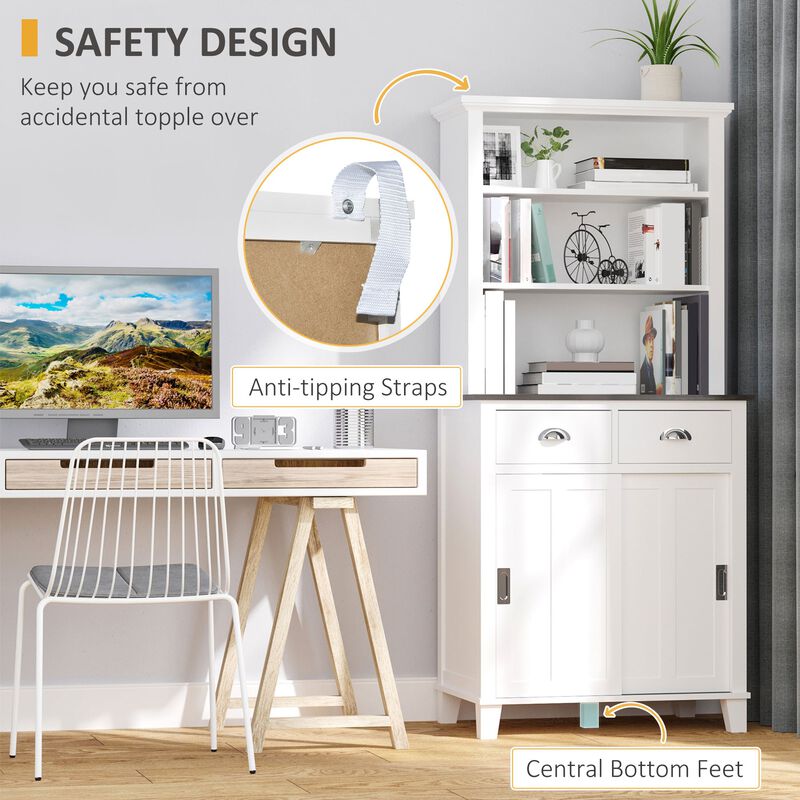 White Kitchen Storage: Cupboard Hutch with Sliding Doors and Drawers