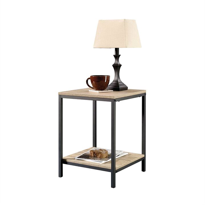 Hivvago Modern Black Metal Frame End Table with Oak Finish Wood Top and Bottom Shelf