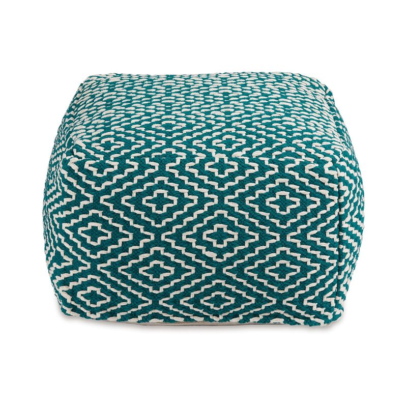 Sena 24 Inch Ottoman Pouf, Woven Pattern, Zipper Cotton Cover, Red White -