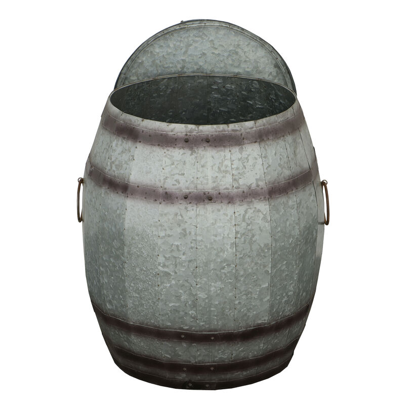 Drum Shape Metal Wine Storage Table with Removable Lid, Rustic Brown and Gray-Benzara