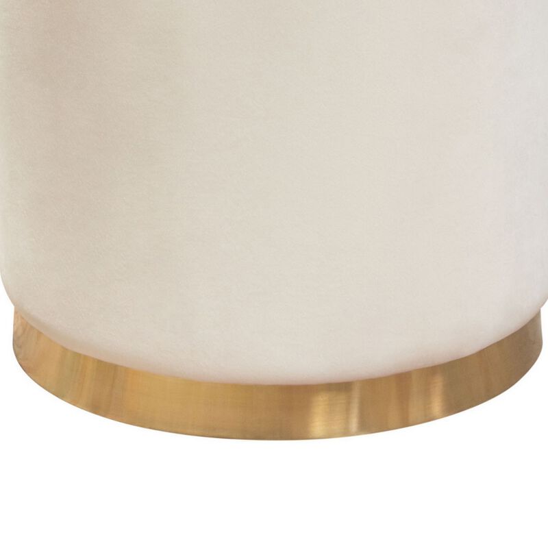 Himo 19 Inch Round Padded Ottoman, Gold Metal Base, Cream Velvet Upholstery - Benzara
