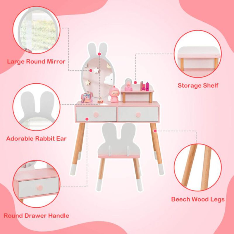 Hivvago Kids Vanity Table and Chair Set with Drawer Shelf and Rabbit Mirror