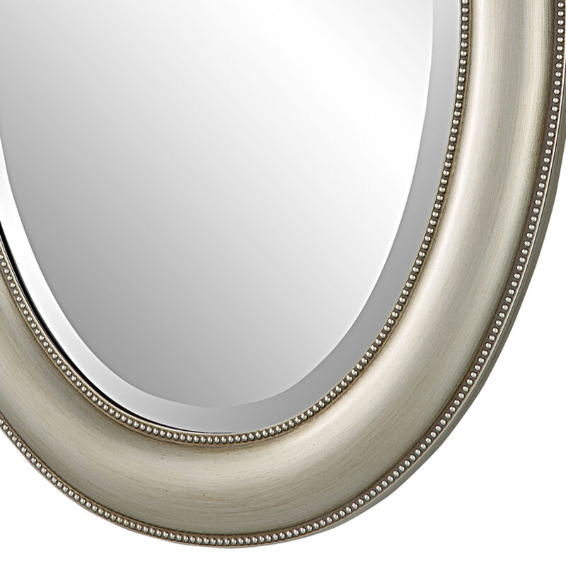 29 Inch Wood Wall Mirror, Beaded Oval Shape, Metallic Silver-Benzara