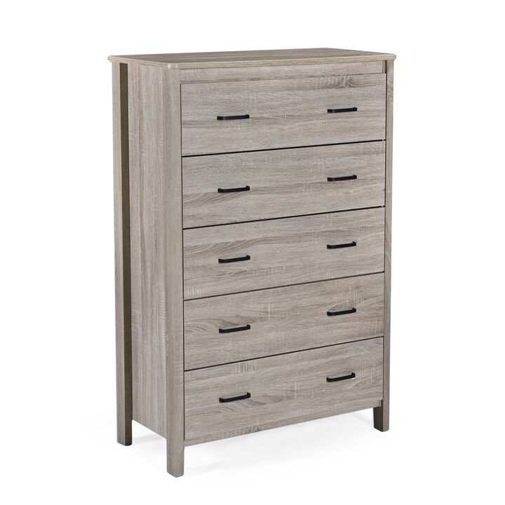 Sifa Tall Dresser Chest, 5 Drawers, Rustic Oak Gray MDF, Black Handles - Benzara