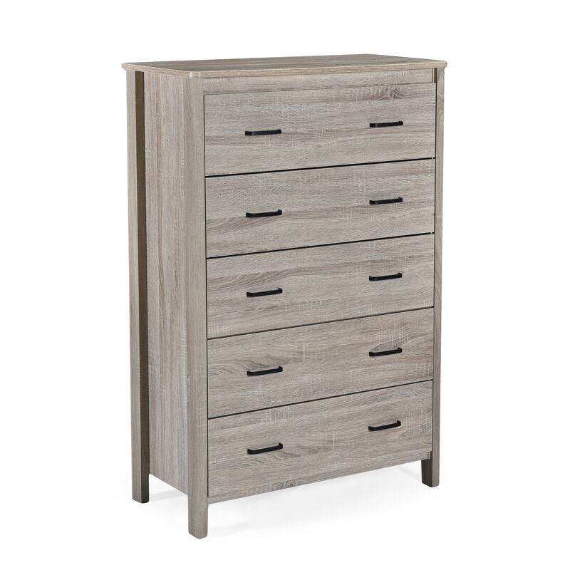 Sifa Tall Dresser Chest, 5 Drawers, Rustic Oak Gray MDF, Black Handles - Benzara