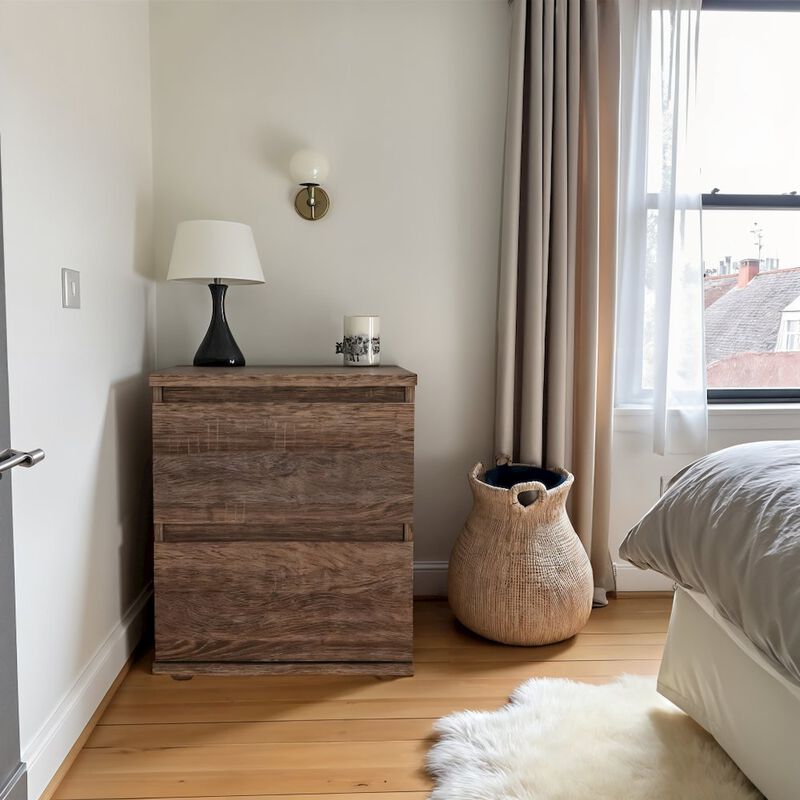 Furnifact Brown 2 Drawer Nightstand - Stylish Small Dresser With Drawers For Bedrooms