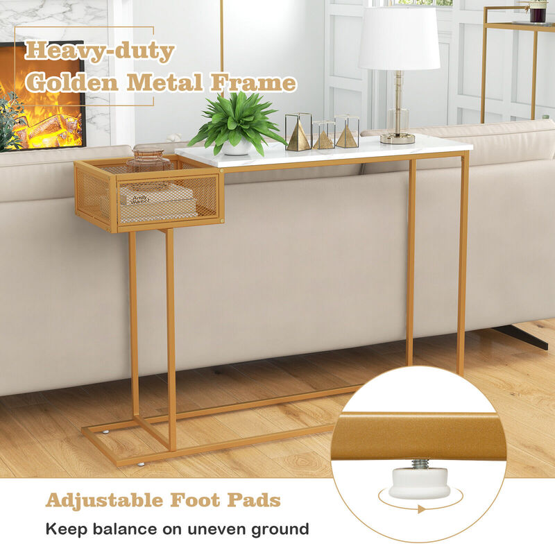 Rectangular White Faux Marble Console Table with Storage-Gold