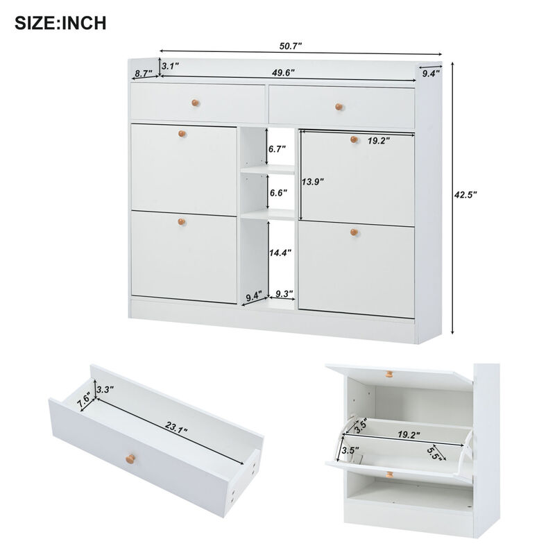 2-Tier Shoe Cabinet with 4 Flip Drawers, White