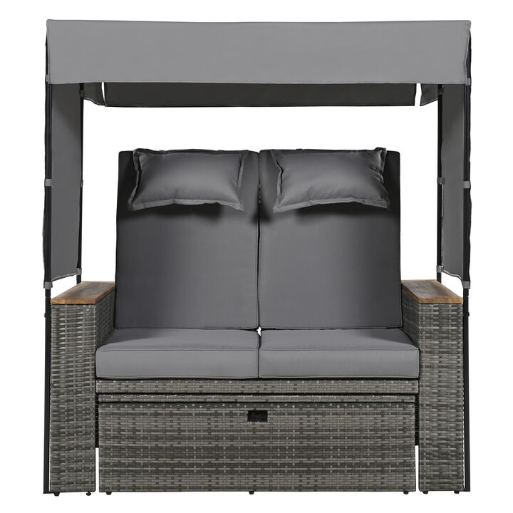 Merax Rattan Outdoor Patio Bench Lounge Roof Set Daybed Sunbed