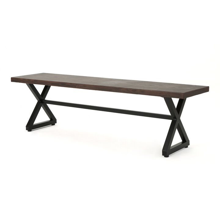 Romita Outdoor Dining Bench, X Legs, Brown Metal, Black Steel, 63 Inch - Benzara