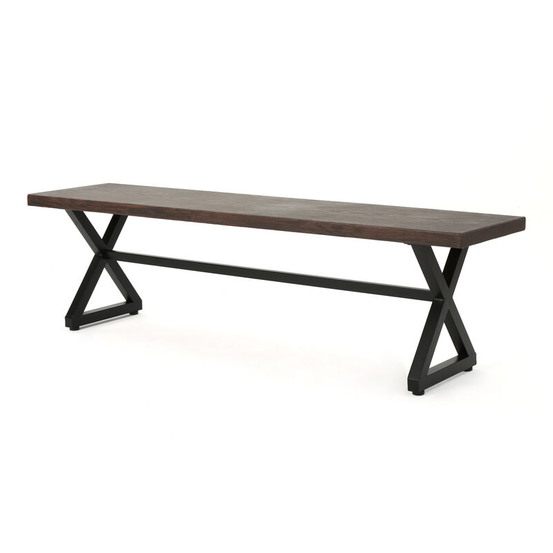 Romita Outdoor Dining Bench, X Legs, Brown Metal, Black Steel, 63 Inch - Benzara