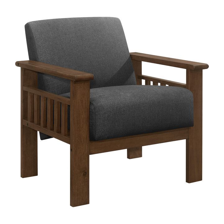 Bella 32 Inch Accent Chair Armchair, Storage Arms, Dark Gray, Solid Wood - Benzara