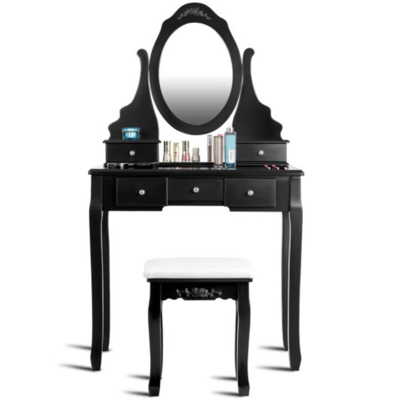 Wooden Vanity Set with 360� Rotating Oval Mirror and Cushioned Stool