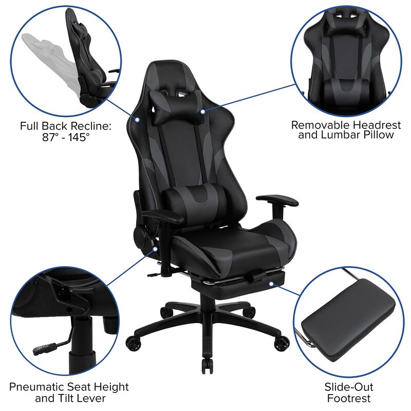 Flash Furniture Optis Gaming Desk and Gray Footrest Reclining Gaming Chair Set - Cup Holder/Headphone Hook/Removable Mouse Pad Top/Wire Management