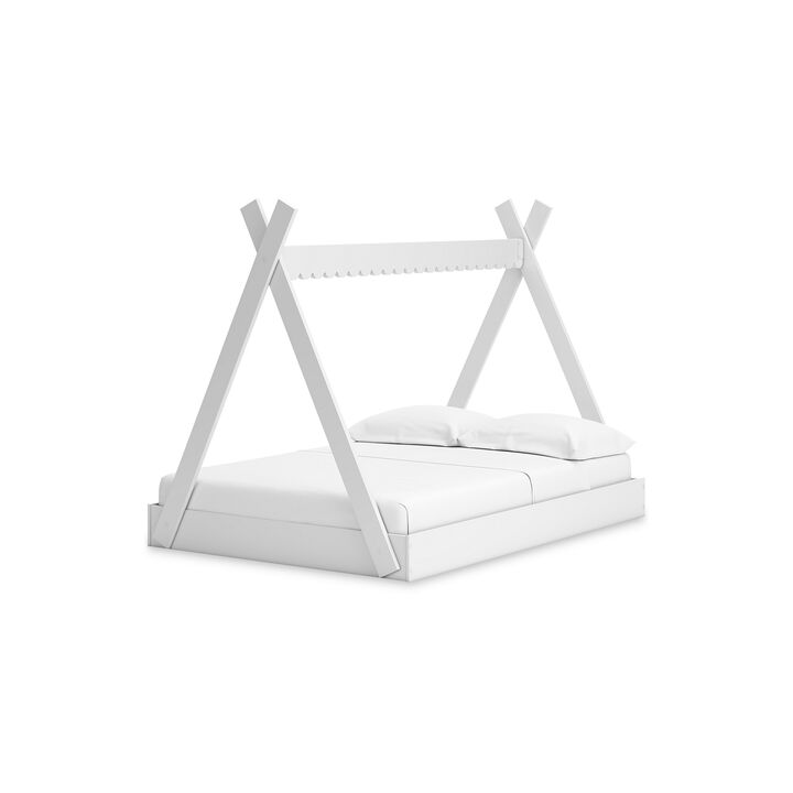 Kally Full Size Floor Bed, Tent Style Design, Matte White Wood - Benzara