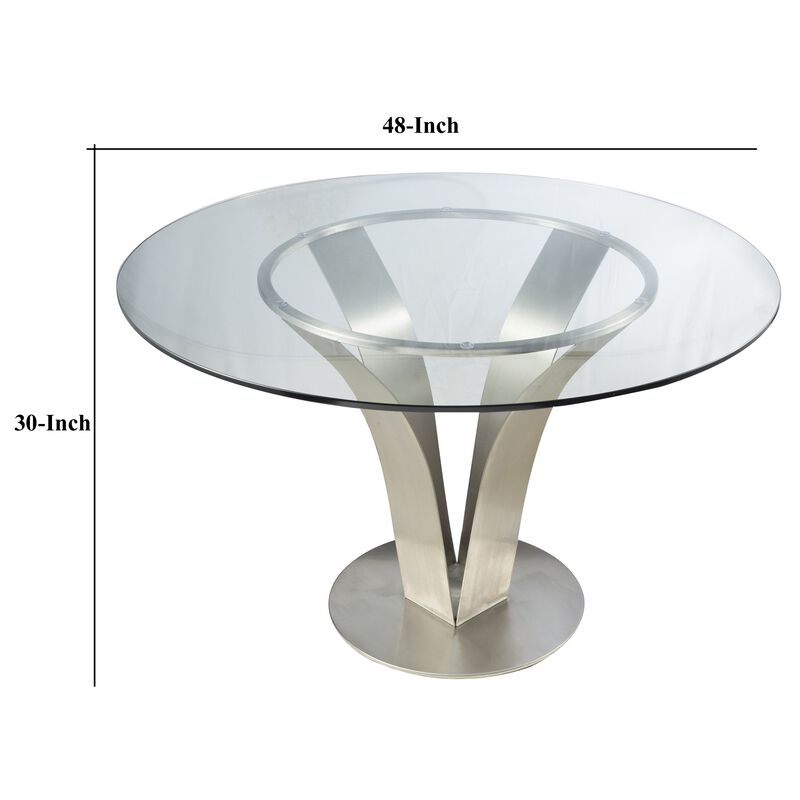 48 Inch Dining Table with Round Glass Top and Metal Base, Chrome-Benzara