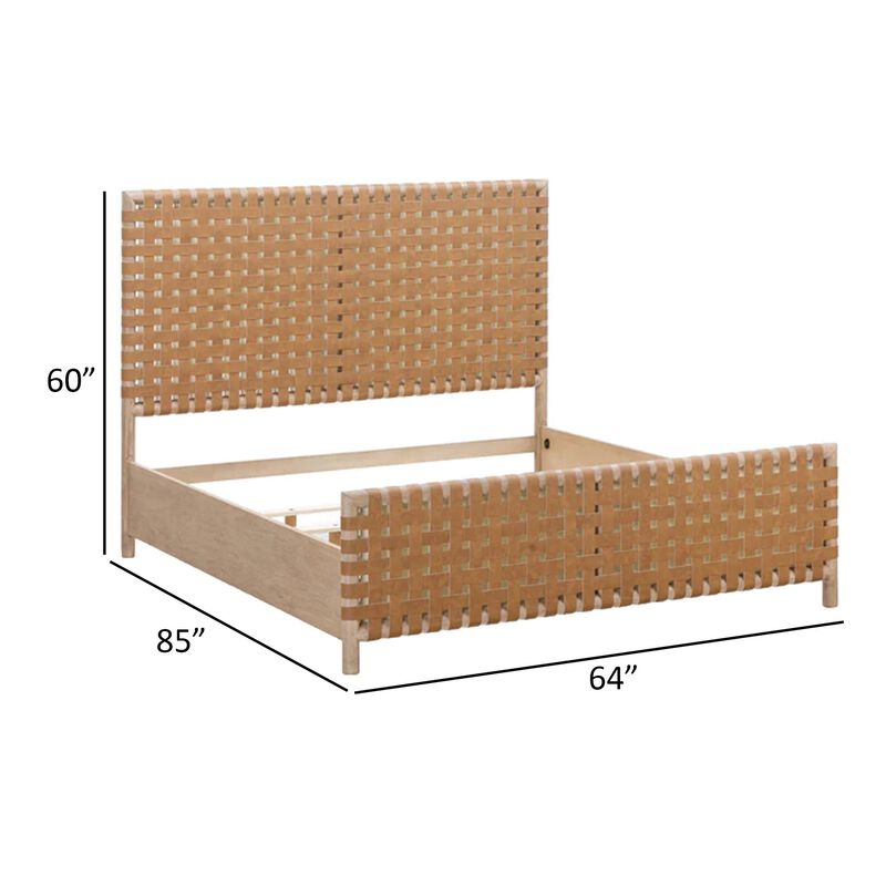 Dory Queen Size Bed, Hand Woven Headboard, Faux Leather Upholstery, Brown - Benzara