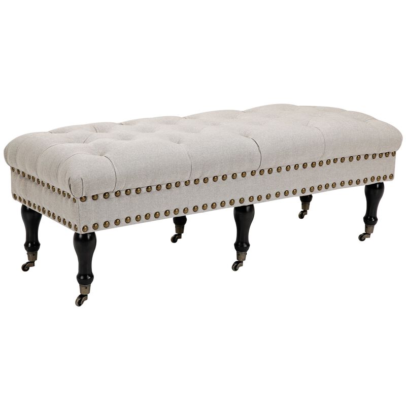 Beige Mobile Seating: Upholstered Rolling Bench with Nailhead Trim