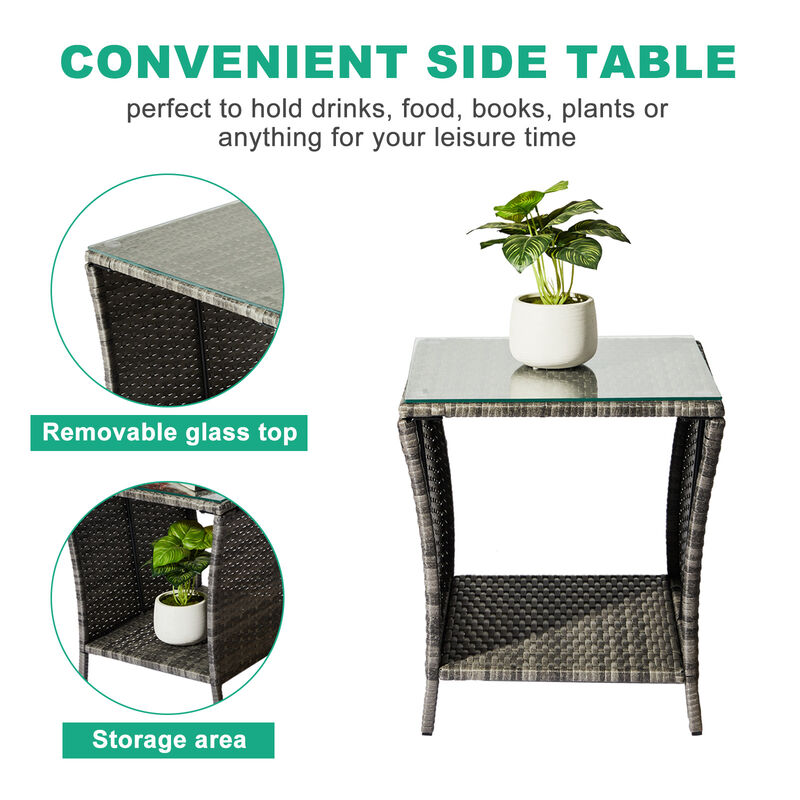 Square Patio Wicker End Table with Glass Top for Porch or Garden