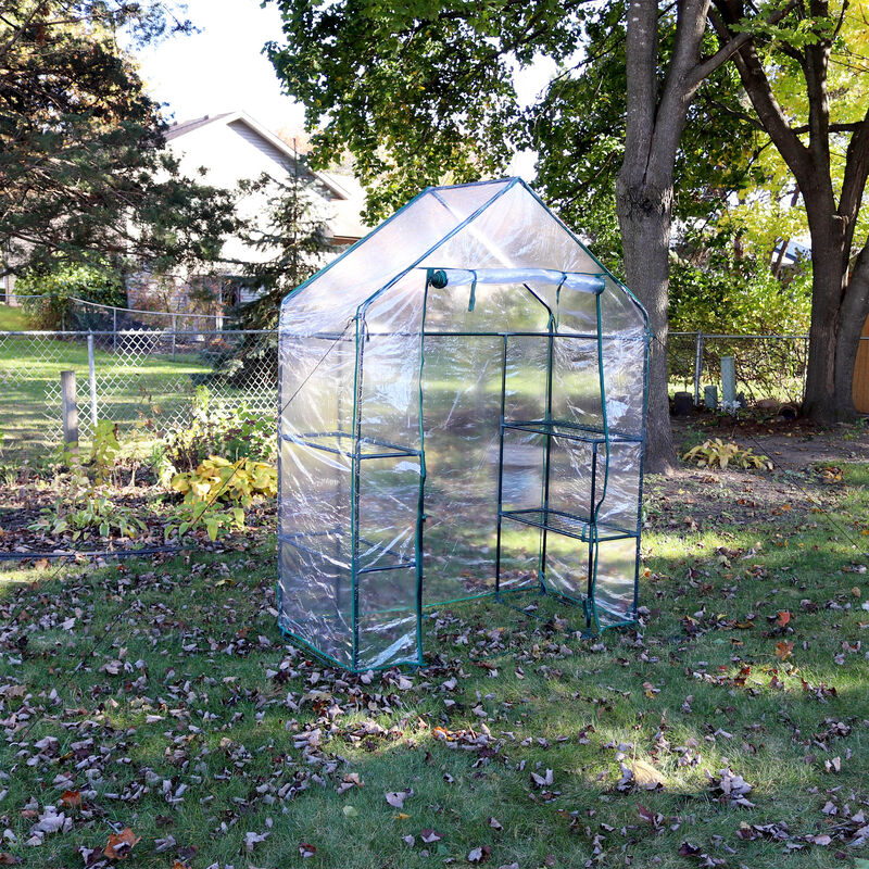 Sunnydaze Large Steel PE Cover Walk-In Greenhouse with 4 Shelves - Clear