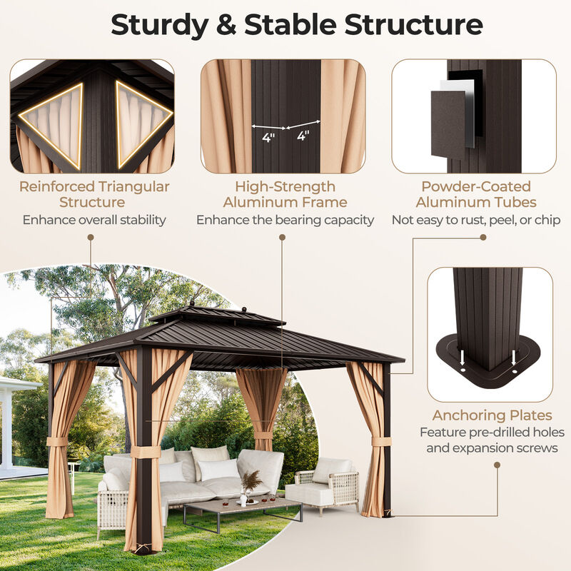 10x13ft Double-Roof Patio Hardtop Gazebo with Galvanized Steel Roof Netting and Curtains-Coffee