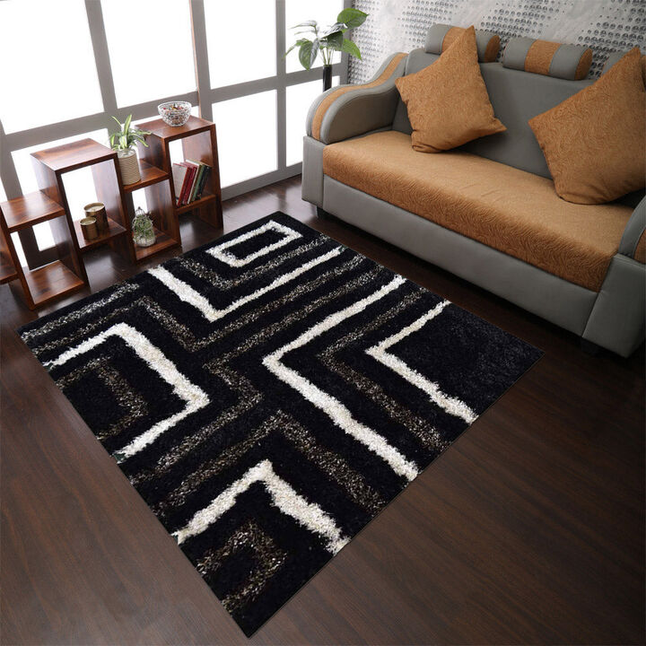 RUGSOTIC CARPETS HAND TUFTED SHAG POLYESTER ECO-FRIENDLY AREA RUGS  - 6'x6', Square, Black Beige, Geometric Modern Design, High Pile Thick Handmade Anti Skid Rugs for Living Room K00013