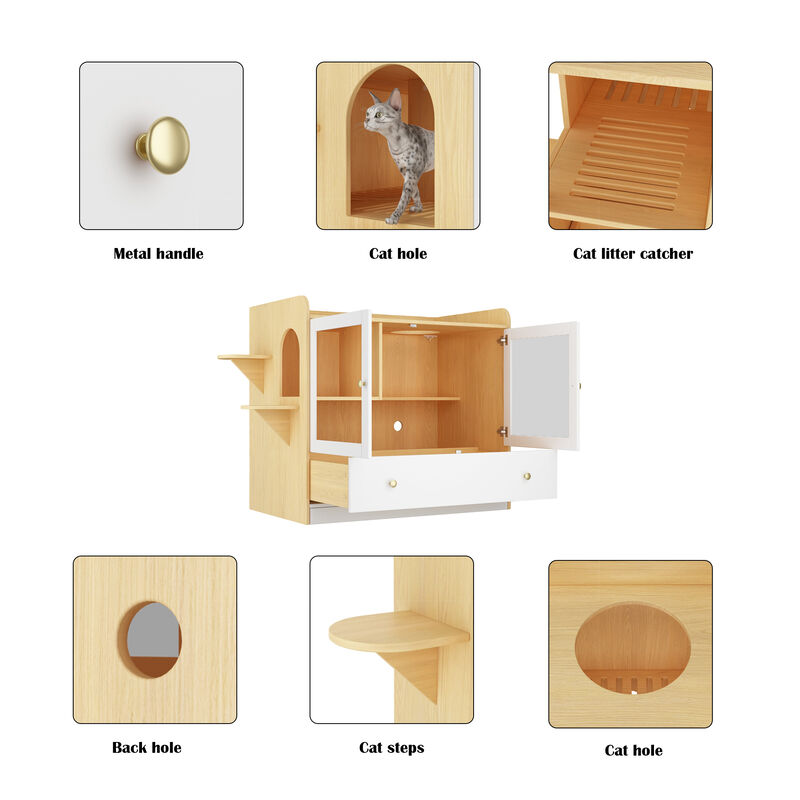 Extra Large Cat Litter Box Furniture Hidden, Cats Condo Pet House with Stairs, Indoor Cat Litter House, White with Log