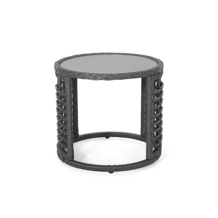 Outdoor Round Side End Table with Woven Accents, 18 Inch, Gray Rattan -Benzara