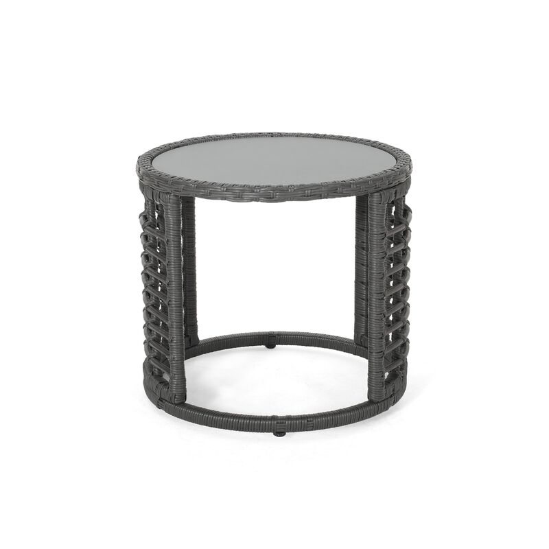 Outdoor Round Side End Table with Woven Accents, 18 Inch, Gray Rattan -Benzara