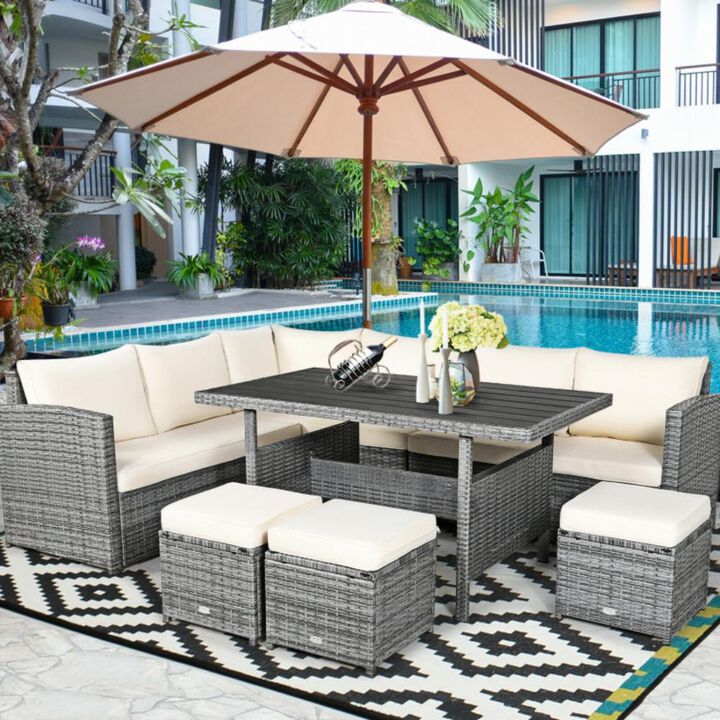 Hivvago 7 Pieces Outdoor Wicker Sectional Sofa Set with Dining Table